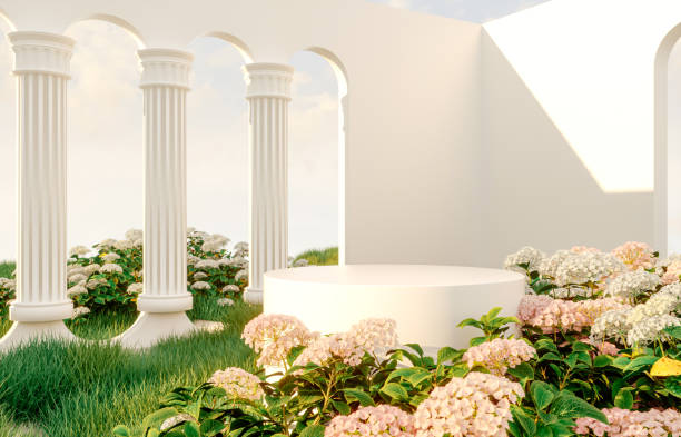 istock Abstract spring summer landscape scene with geometric form. lake and flower view. 1395169457
