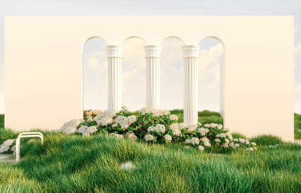 istock Abstract spring summer landscape scene with geometric form. lake and flower view. 1395169514