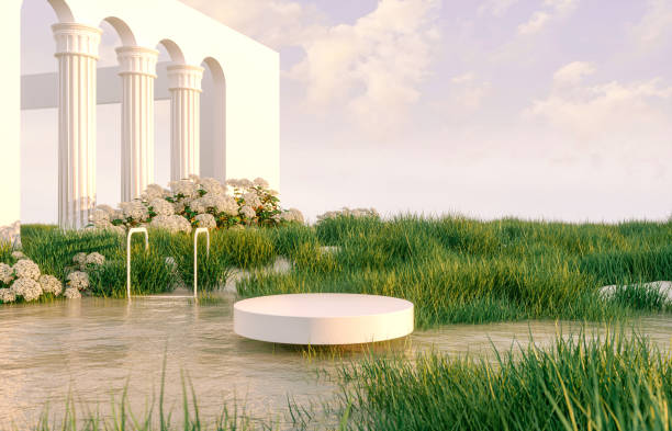 istock Abstract spring summer landscape scene with geometric form. lake and flower view. 1395169524