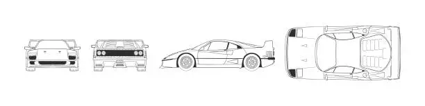 Vector illustration of Sport automobile. Hand drawn car front back top and side view. Vector illustration