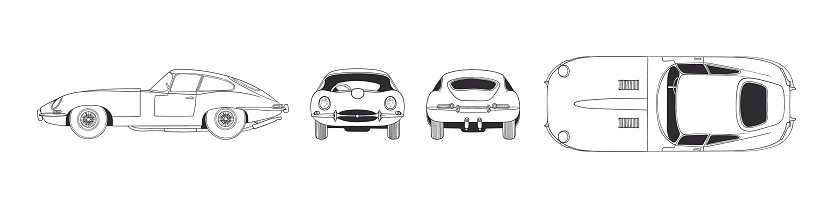 Retro automobile. Hand drawn car front back top and side view. Vector illustration