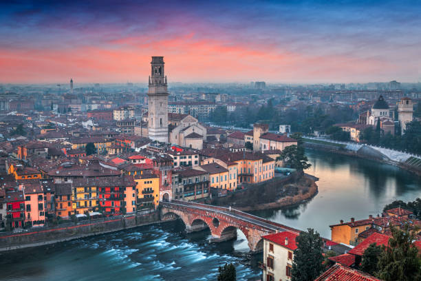 Verona, Italy town skyline on the Adige River stock photo