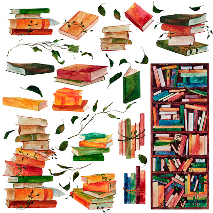 Hand-drawn watercolor illustration set of different books, wooden bookcase full of books. Watercolor isolated on white background. Use for design of bookstore, library, decoration.