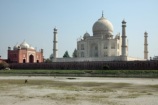 Garlic dome architecture of the Taj Mahal temple, Agra, Uttar Pradesh, India is built of white marble