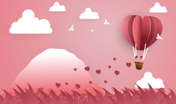 istock Happy valentines day typography vector design with paper balloons in the sky red pink heart shape cut white clouds vector image of love 1395171602