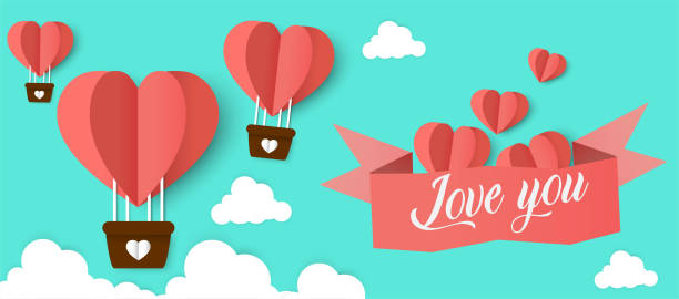 Happy valentines day typography vector design with paper balloons in the sky red pink heart shape cut white clouds vector image of love Valentine's Day Love and Feelings Sale Background Design. Vector illustration - Vector baka stock illustrations