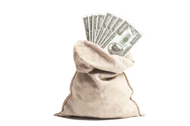 Money bag with one million dollars bills isolated on white.