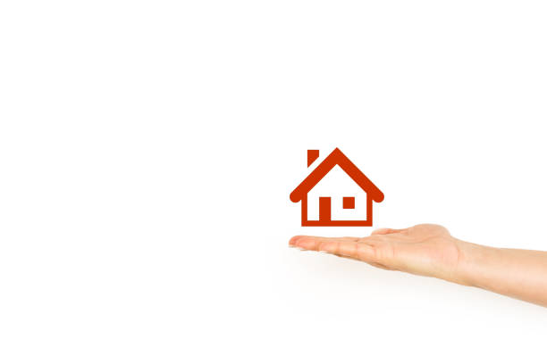istock Woman hand showing house icon on a white background 1395172515