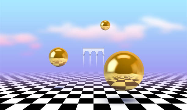 Abstract surreal concept with golden balls flying over checkered floor in vaporwave style. Calm ancient gate and clouds on the background. Vector illustration Abstract surreal concept with golden balls flying over checkered floor in vaporwave style. Calm ancient gate and clouds on the background. Vector illustration three dimensional chess stock illustrations