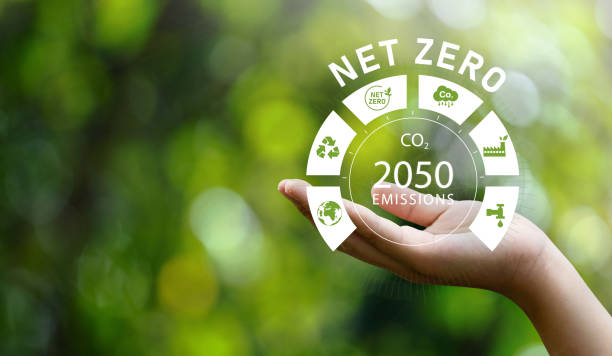 emissioni nette zero 2050 concetto icona in mano per la politica ambientale illustrazione del concetto di animazione tecnologia di energia rinnovabile verde per un ambiente futuro pulito. - environmental indicator foto e immagini stock