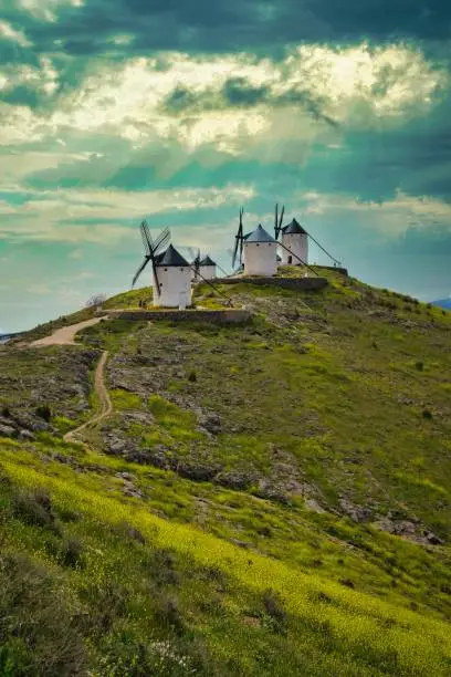 Windmills on top of a hill in the La Mancha town of Consuegra, in the Spanish province of Toledo, immortalized by Miguel de Cervantes in "Don Quixote de la Mancha".