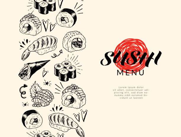 schönes handgezeichnetes sushi nahtloses muster, skizzendesign, doodle-elemente, ideal für textilien, banner, tapeten, menüs, hintergrund - vektordesign - sushi stock-grafiken, -clipart, -cartoons und -symbole