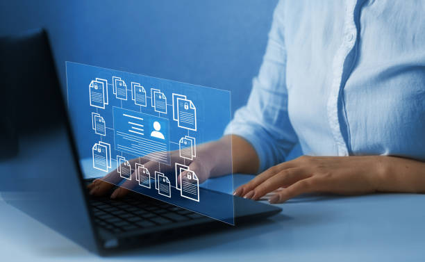 istock Software for security, searching and managing corporate files and employee information.Corporate data management system and document management system with employee privacy.Employee confidentiality. 1395173071