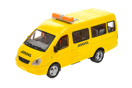 Yellow taxi car model isolated on white background