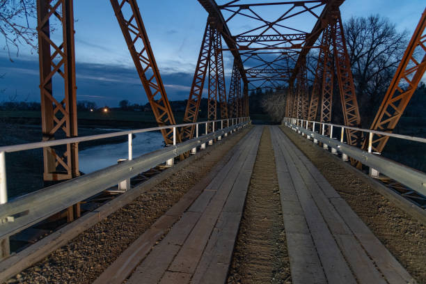 Backgrounds - at sunset, one lane bridge over the Musselshell River at Buffalo Trail in central Montana in northwestern United States of America (USA).