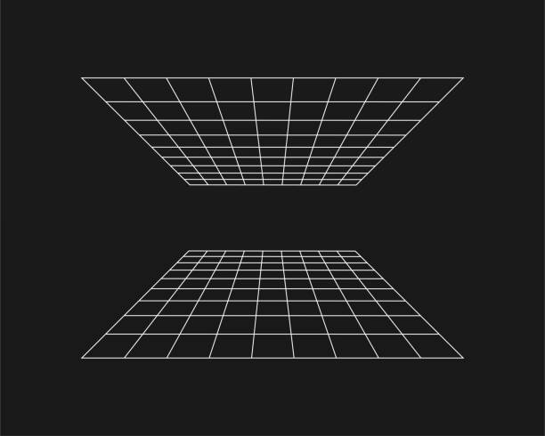Cyber grid, retro punk perspective rectangular tunnel. Grid tunnel geometry on black background. Vector illustration.