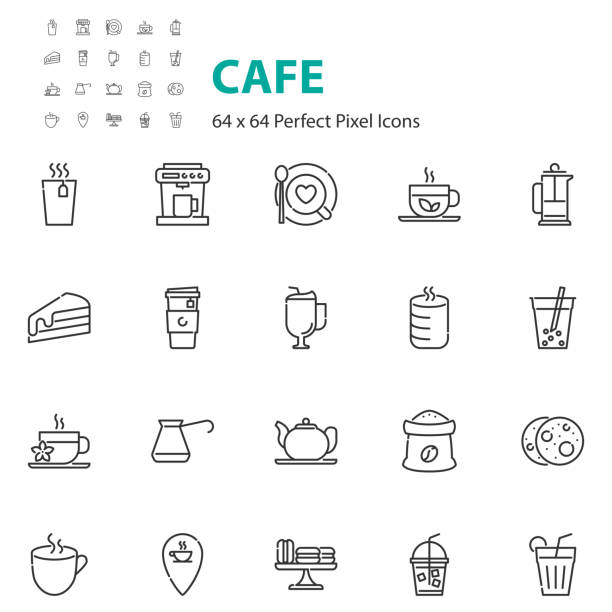 ilustraciones, imágenes clip art, dibujos animados e iconos de stock de conjunto de icono de cafetería, café, bebidas calientes, té - chocolate pot de creme