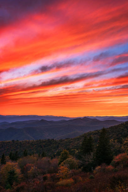 istock Orange sky over autumn foliage 1395177373