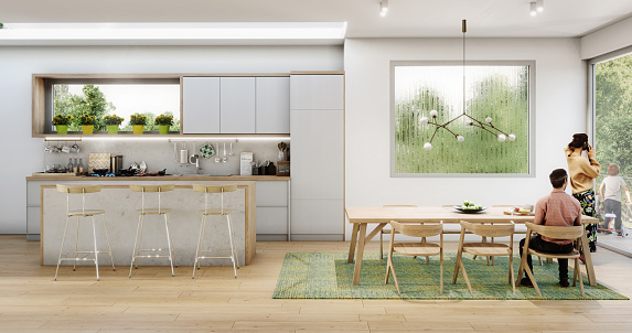 Digitally generated Japandi style home interior of modern domestic kitchen.\n\nThe scene was created in Autodesk® 3ds Max 2022 with V-Ray 5 and rendered with photorealistic shaders and lighting in Chaos® Vantage with some post-production added.