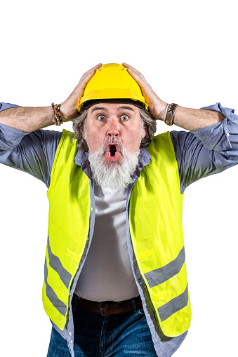 Excited middle aged caucasian construction worker isolated on white background