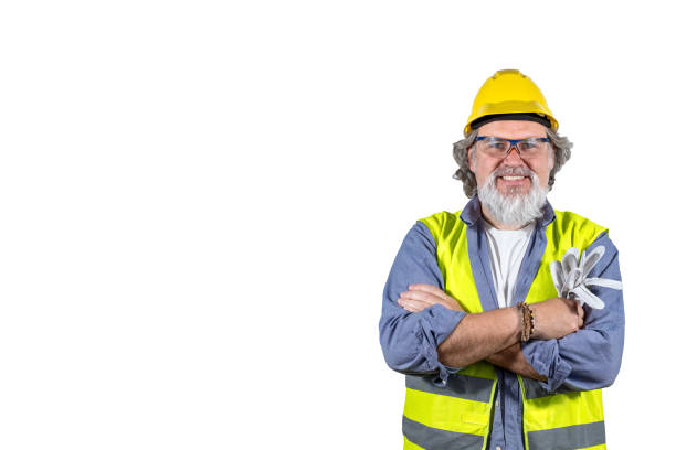 Smiling middle-aged Caucasian construction worker isolated on white background with copy space