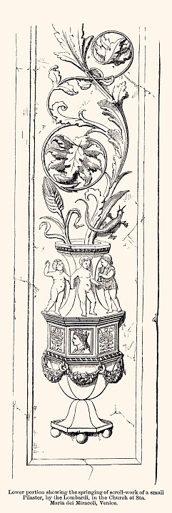 Lower portion showing the springing of scroll-work of  small pilasters, by the lombardi , in the church of sta maria dei Miracoli, Venice. Vintage illustration circa late 19th century. Digital restoration by Pictore.