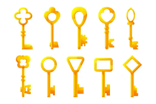 Vector illustration of Cartoon keys. Metal golden and steel vintage keys collection. Vector security tool illustration
