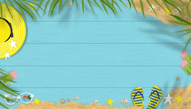 Vector illustration of Summer background with beach vacation holiday theme with copy space on blue wooden panel, Vector horizon banner flat lay tropical Summer design with coconut palm leaves border on wood plank texture