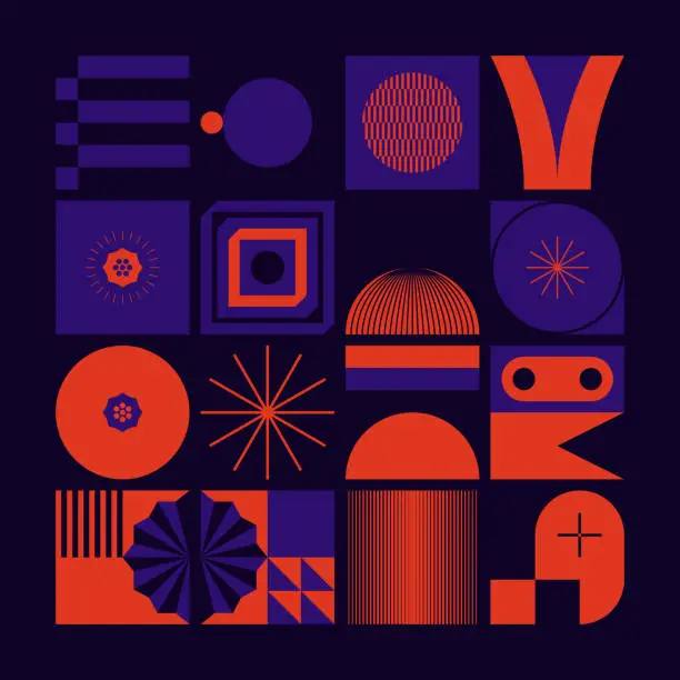 Vector illustration of Brutalist Art Inspired Vector Pattern Graphics Made With Bold Abstract Geometric Shapes