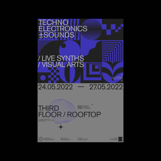 ilustrações de stock, clip art, desenhos animados e ícones de abstract techno rave poster graphics design with helvetica typography aesthetics and geometric pattern - techno