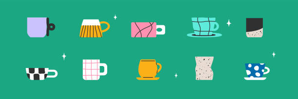 wektorowy zestaw izolowanych ilustracji nowoczesnych filiżanek i kubków do herbaty lub kawy w modnym stylu - latté coffee glass pattern stock illustrations