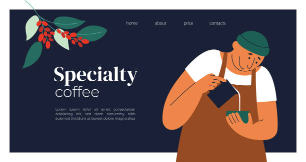 Layout vector  template of specialty coffeehouse with illustration of happy barista making coffee latte art Layout template specialty coffeehouse. Happy barista making coffee latte art. Male character preparing cappuccino. Branch of coffee tree, leaves and berry. Vector illustration, banner, poster, flyer barista stock illustrations