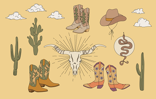 Cowboy boots and hat western boho vector set. Cow skull with sun beams. Cactuses and snake. Cartoon flat illustrations. Beige background.
