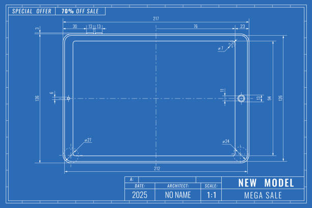 Tablet as technical blueprint drawing. Device sale technical outline concept. Mechanical engineering drawings Tablet as technical blueprint drawing. Device sale technical outline concept. Mechanical engineering drawings. Banner, cover, poster, flyer or card blueprint silhouettes stock illustrations