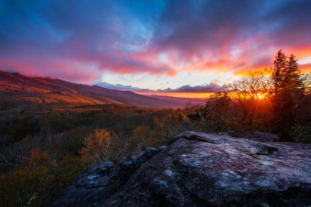 A dramatic sunrise view of Grandfather Mountain stock photo