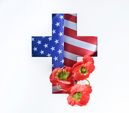 national american holiday Memorial Day concept with cross, usa flag and poppies