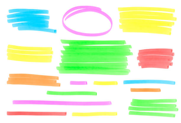 многоцветные штрихи маркера - highlighter felt tip pen yellow pen стоковые фото и изображения