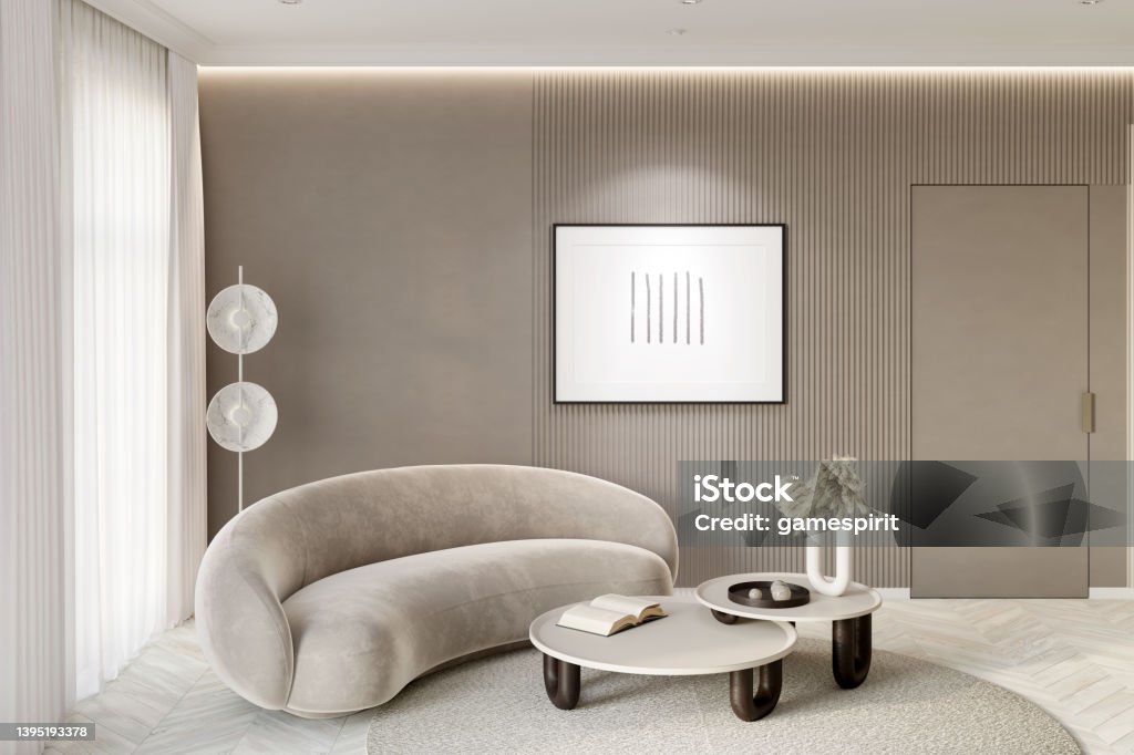 A modern living room in beige tones with a backlit horizontal poster near the door, a floor lamp next to the window with white curtains, and decor on a coffee table next to a modern sofa. 3d render Modern Stock Photo