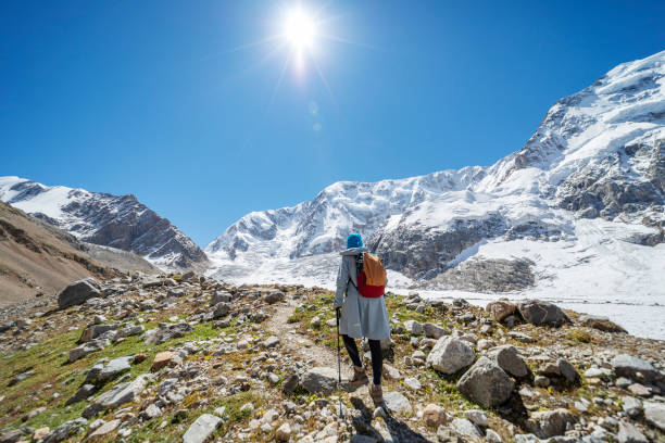 One young woman trekking in mountains with glacier