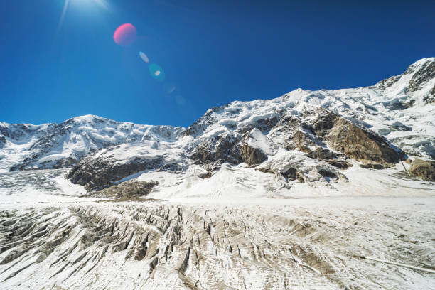 Team of mountaineers climbing the steep slopes of Lobuche (6199m) to the snow summit crest deep in the remote Himalaya mountain wilderness of the Everest National Park, a UNESCO World Heritage Site, Nepal. ProPhoto RGB profile for maximum color fidelity and gamut.