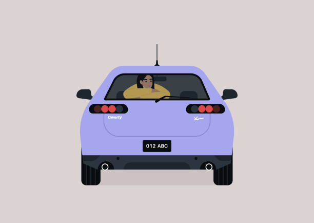 ilustrações de stock, clip art, desenhos animados e ícones de a young female passenger seating on the backseat of a sedan car - woman in mirror backview