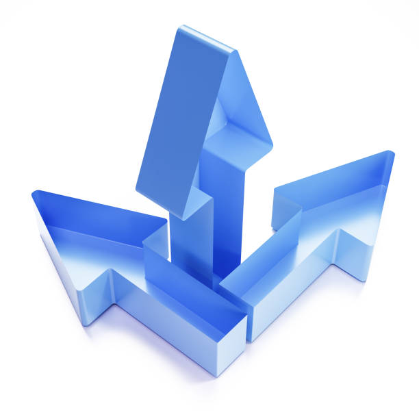 istock Blue hollow arrows pointing into three different directions. Confusion, direction, irritation concept. Isolated on white 1395195003