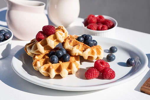 Sweet Homemade Berry Belgian Waffle with Whipped Cream