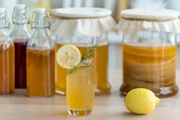 Kombucha tea with lemon and sweetened root filling in glass jug on kitchen background. Natural kombucha fermented tea beverage healthy organic drink in glass.