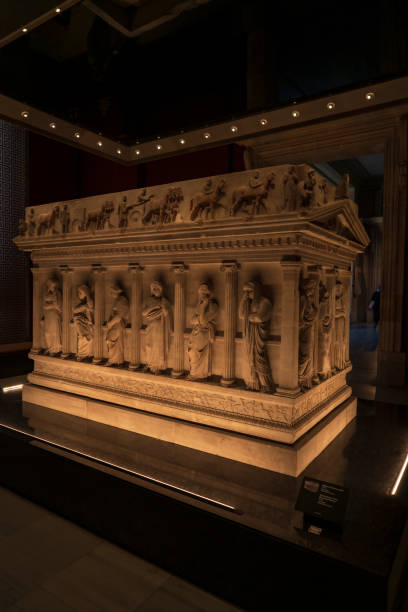 Bursa, Turkey - July 28, 2022: A sarcophagus from the Roman period exhibited in the Iznik Museum.