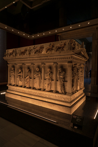 Istanbul, Turkey, April 14, 2022: Sarcophagus of the Crying Women in Istanbul Archeology Museum