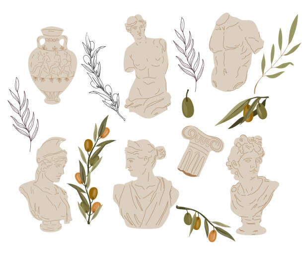 ilustrações de stock, clip art, desenhos animados e ícones de set of antique marble greek and roman sculptures and olive branches, flat vector. - central greece