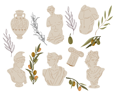 Set of antique marble Greek and Roman sculptures and olive tree branches, flat vector illustration isolated on white background. Ancient Greek or Roman statuary elements.