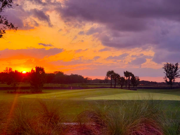 istock Golf course putting green at dusk with colorful clouds 1395200615