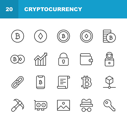 20 Cryptocurrency Line Icons. Anonymous, Bank,, Bitcoin, Block, Blockchain, Bull Market, Chart, Coin, Computer Network, CPU, Crypto, Cryptocurrency, Currency, Diagram, Digital, Ethereum, Exchange, Finance, Gold, GPU, Growth, Hacker, Key, Ledger, Market, Miner, Mining, Mobile App, Money, Network, NFT, Padlock, Processor, Rocket, Security, Smartphone, Startup, Technology, Transfer, Wallet, Web3, Web Browser.
